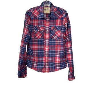Hollister Men's Pearl Button Snap Shirt Blue Red Plaid Size M Medium Y2K